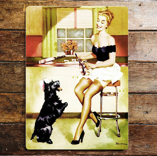 Kitchen Pin Up Girl With Scotty Dog | Metal Wall Sign