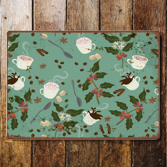 Coffee Cups Cats Leaves Plants Kitchen | Metal Wall Sign