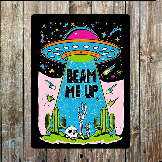 Pop Art UFO Beam Me Up Metal Sign Plaque