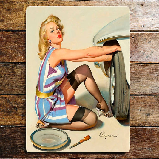 Pinup Girl Garage Car Tire Metal Humour Wall Sign