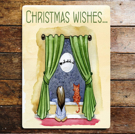 Christmas Wishes Santa Window cat | Metal Sign Plaque