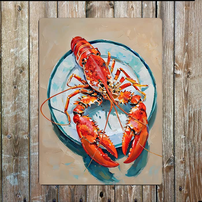 Lobster Painting On White Plate | Metal Sign Plaque