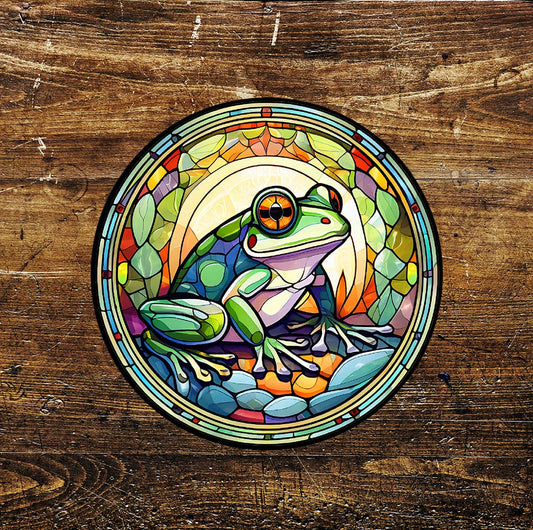 Frog Sitting Stained Glass affect Circle Metal Sign
