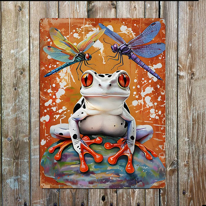 Tree Frog Surrounded Colorful Dragonflies | Metal Sign Plaque