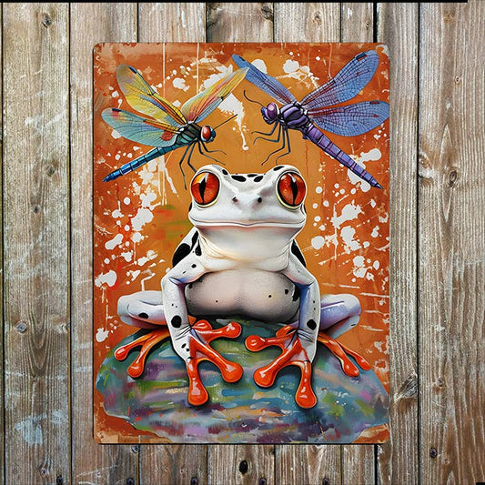Tree Frog Surrounded Colorful Dragonflies | Metal Sign Plaque