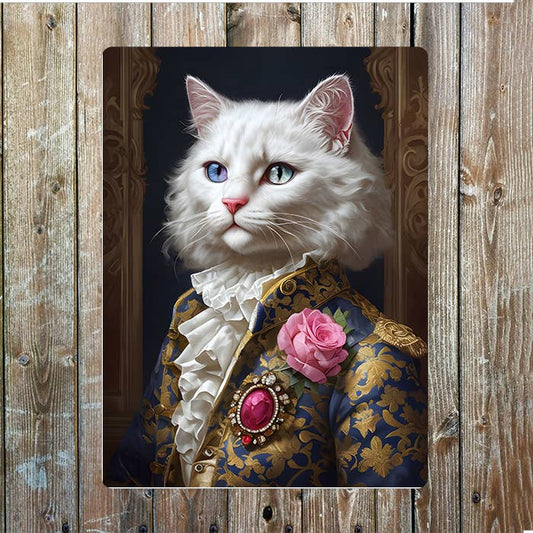 White Cat in 18thCentury Clothes Portrait | Metal Sign Plaque