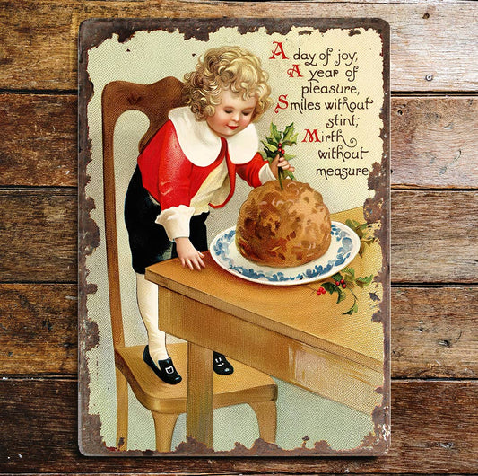 Vintage Plum Pudding Boy Christmas | Metal Vintage Wall Sign