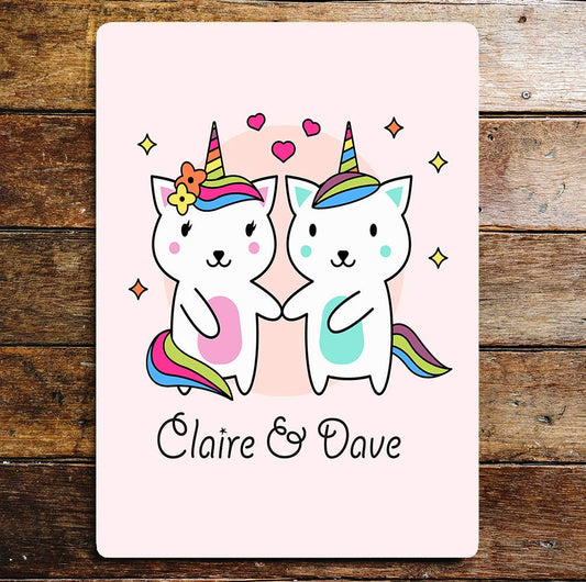 Couple Cats Unicorn Any Name Text Personalised | Metal Sign