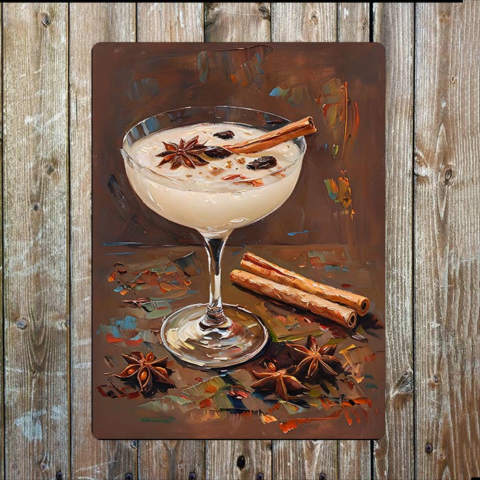 Painting of Creamy Cocktail in Coupe Glass Metal Sign Plaque