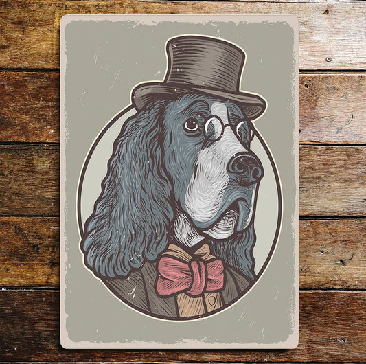 Dog Portrait Top Hat Bow Tie Glasses | Metal Sign Plaque