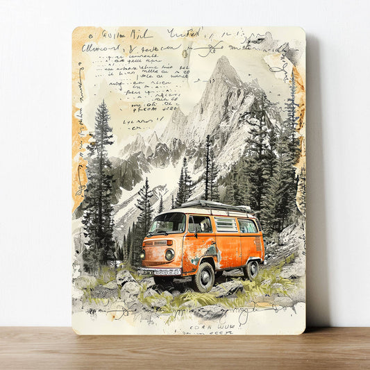 Vintage Orange Camper Van Landscape | Metal Sign Plaque