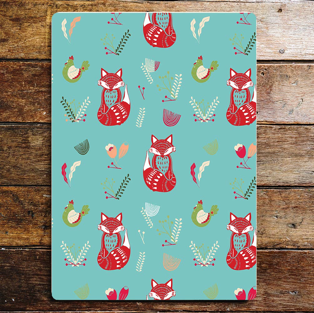 fox chickens hen leafs animals pattern | Metal Sign plaque