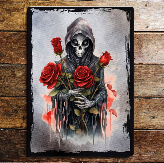 Grim Reaper Red Roses Death Art | Metal Sign Plaque
