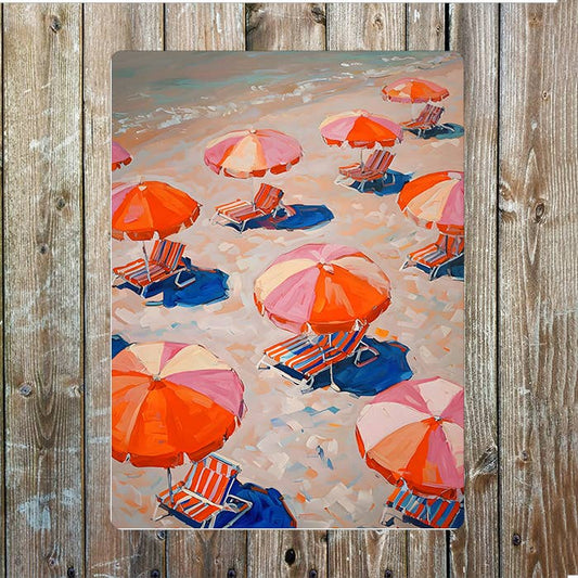 Aerial Beach Scene Umbrellas Sun Loungers | Metal Sign Plaque