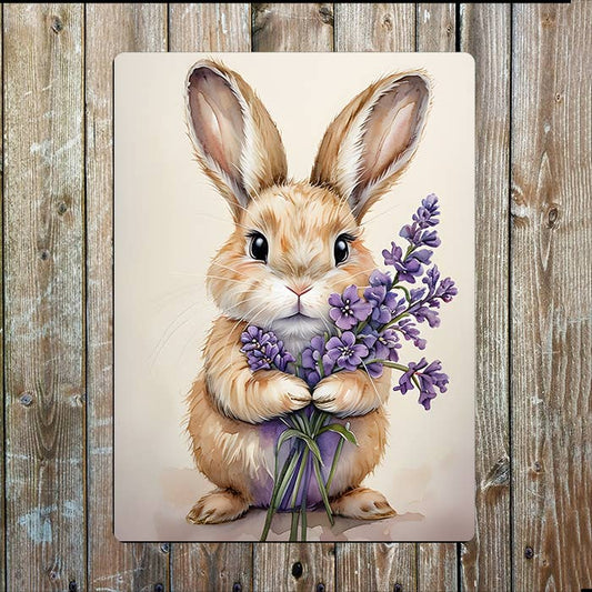 Rabbit Bunny Holding Lavender Flower Metal Sign Plaque