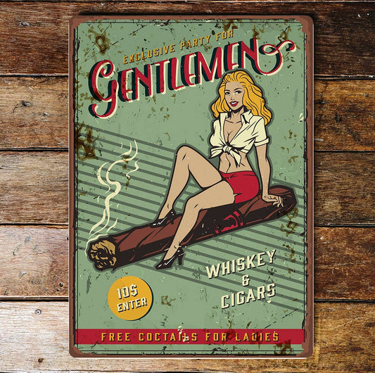 Whiskey And Cigars Pin Up Girl  | Metal Wall Sign Plaque