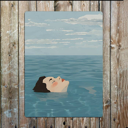 Person Women Floating in Calm Water Sea Metal Sign Plaque