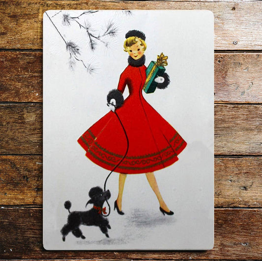 Lady Red Coat Dog Poodle Christmas | Metal Sign Plaque