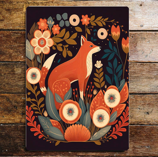 Fox autumn fall leaves flowers | Metal Sign Plaque