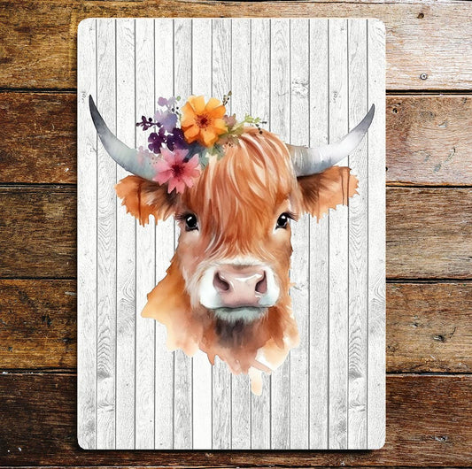 Baby Calf Highland Hair Flowers Art | Metal Sign Plaque