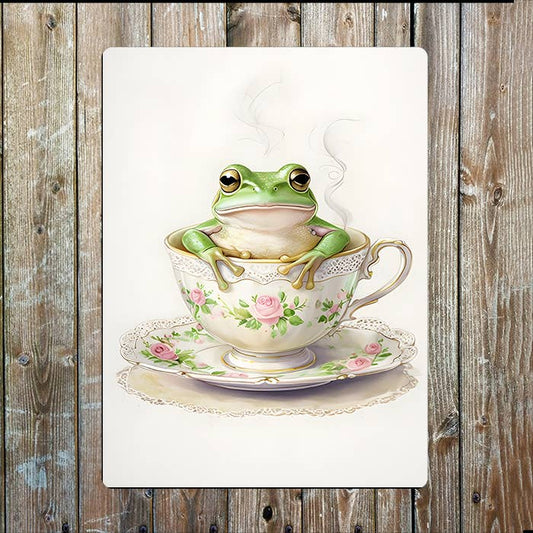 Frog Relaxing In A Teacup | Watercolor | Metal Sign Plaque