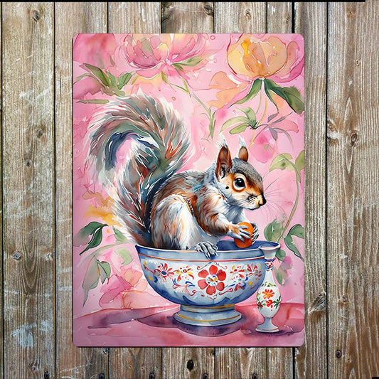 Bright Squirrel In Bowl | Watercolour | Metal Sign Plaque