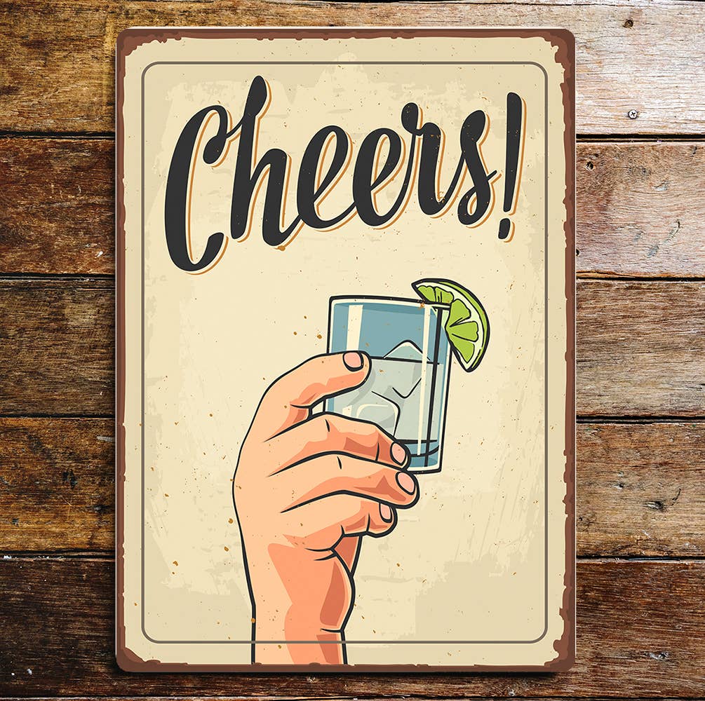 Cheers Hand With Glass Alcohol and Lime | Metal Sign Plaque
