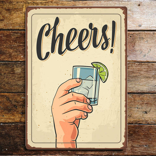 Cheers Hand With Glass Alcohol and Lime | Metal Sign Plaque