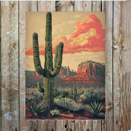 Desert Landscape Cacti Cowboy Western Art | Metal Sign Plaque