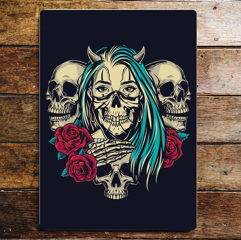 Floral Skull Lady Devil Roses | Metal Wall Sign
