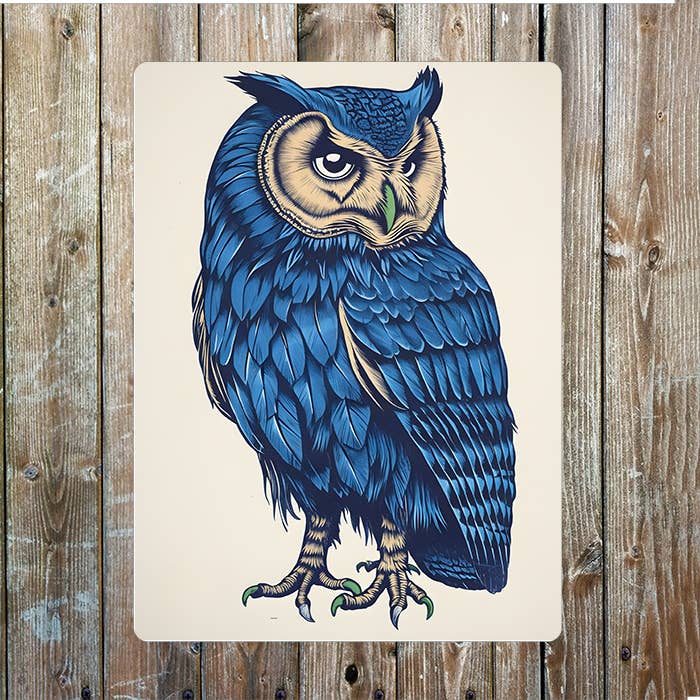 Owl Illustration in Blue Woodcut 2 Style | Metal Sign Plaque