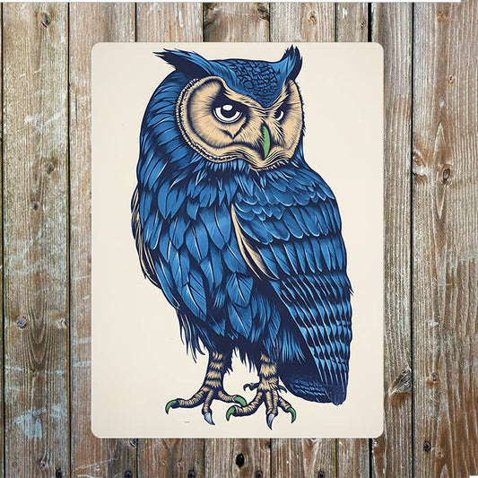 Owl Illustration in Blue Woodcut 2 Style | Metal Sign Plaque