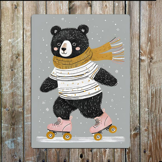 Bear Roller Skating In Winter Scarf | Metal Sign Plaque