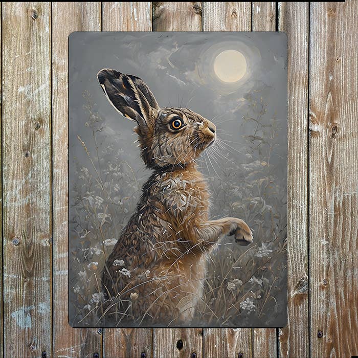 Brown Hare Gazes at Moonlight | Rabbit | Metal Sign Plaque