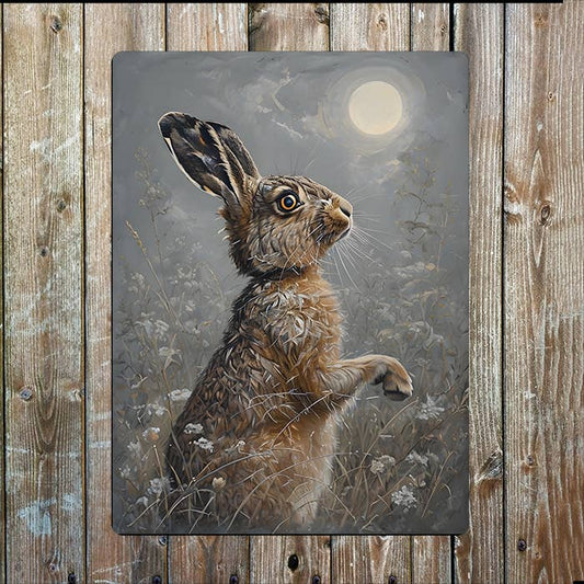 Brown Hare Gazes at Moonlight | Rabbit | Metal Sign Plaque