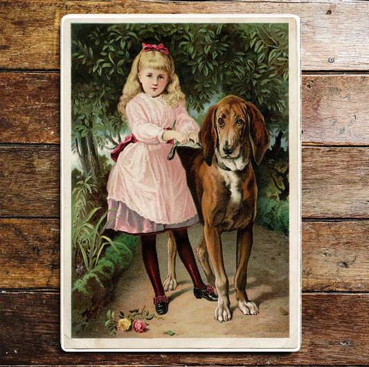 Vintage Girl And Her Dog Flowers Trees | Metal Sign Plaque
