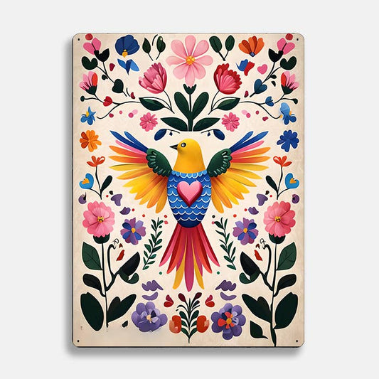 A Bird Heart Flowers scandinavian folk | Metal Sign Plaque