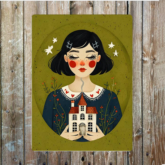 Woman Holding Miniature House | Metal Sign Plaque