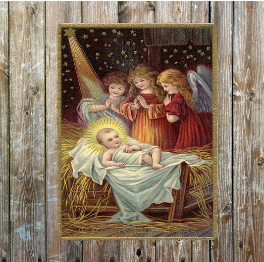 Christmas Stable Manger Baby Angels Scene | Metal Sign Plaque