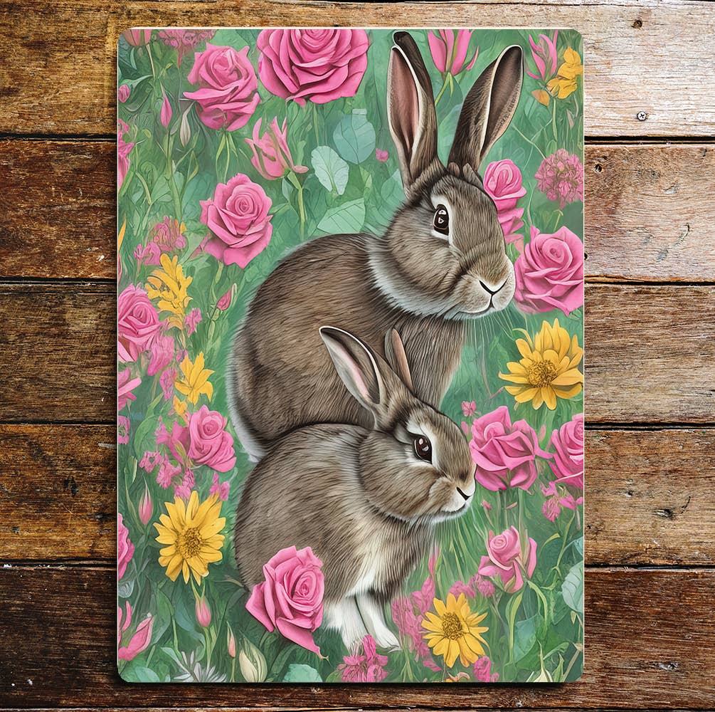 Rabbit And Baby Rabbit Sitting In Roses Metal Sign Plaque (C