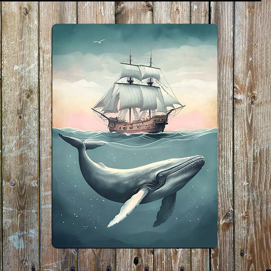 Ship Boat and Whale Ocean Sea Nautical Metal Sign Plaque