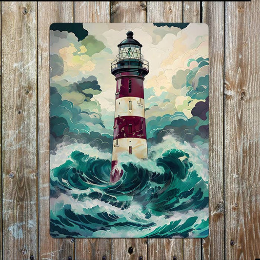 Dramatic Lighthouse rough Sea Nautical | Metal Sign Plaque