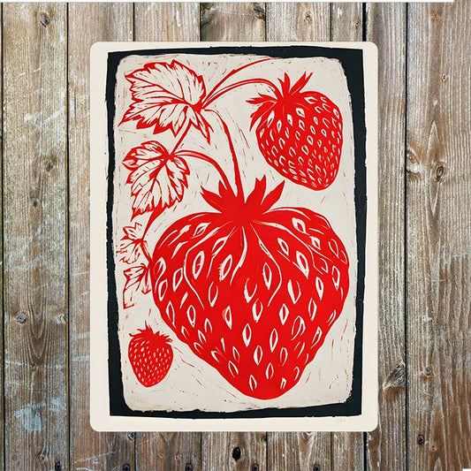 Linocut Style Strawberry Plant | Metal Sign Plaque