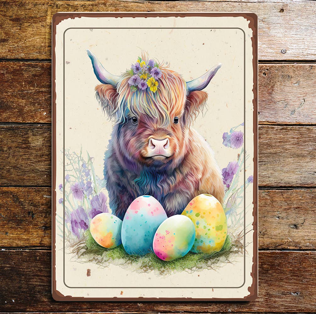 Easter Spring Highland Cow Cattle Floral | Metal Sign Plaque
