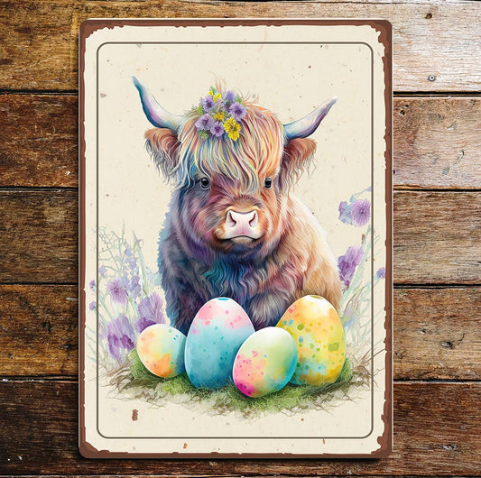 Easter Spring Highland Cow Cattle Floral | Metal Sign Plaque