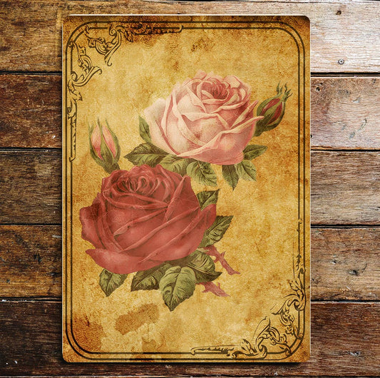 Pink And Red Rose Stems Card Vintage Metal Sign Plaque