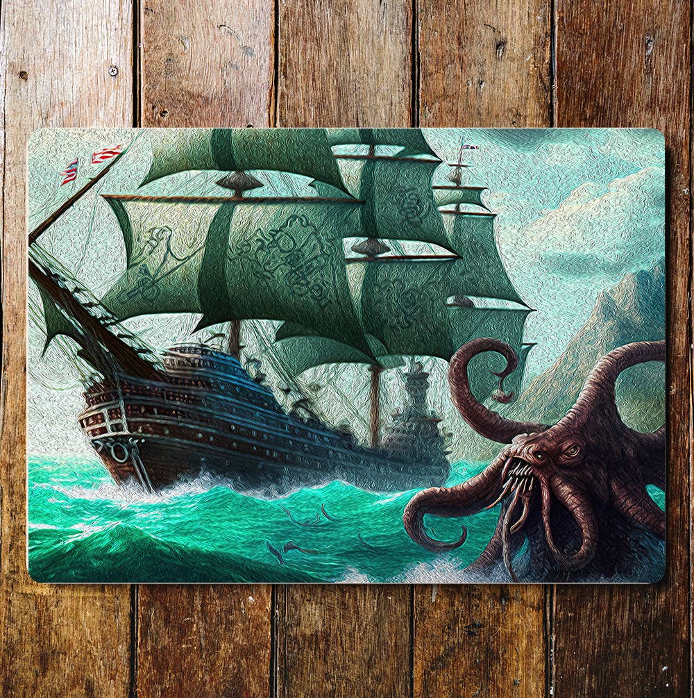 Giant Octopus kraken fantasy pirate ship | Metal Sign Plaque