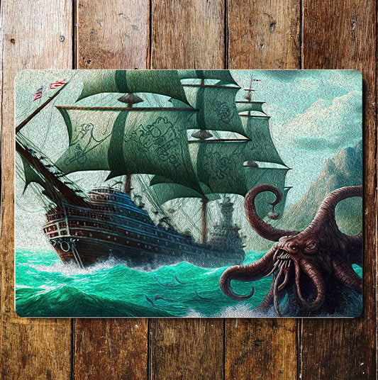 Giant Octopus kraken fantasy pirate ship | Metal Sign Plaque