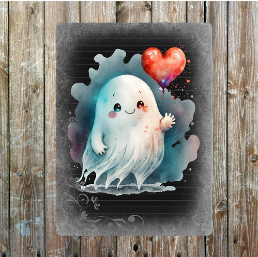Cute Ghost Heart Balloon Valentine | Metal Sign Plaque