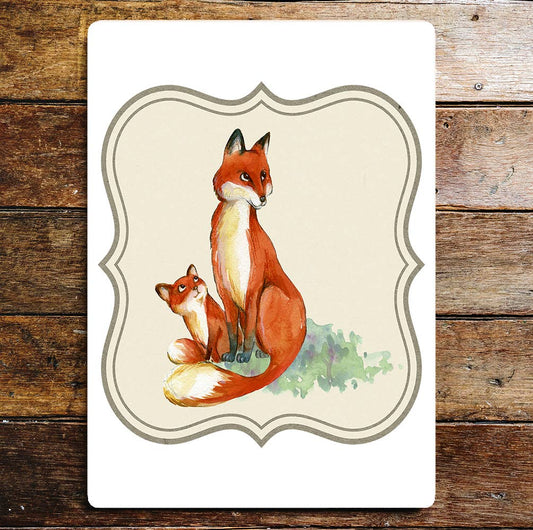 Mummy Fox Cub Grass Cute Love | Metal Sign Plaque
